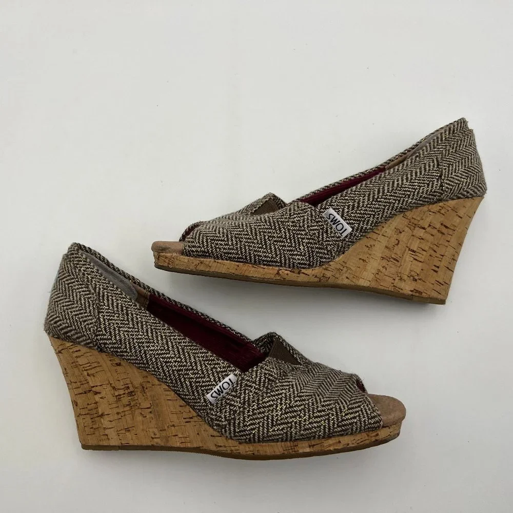 TOMS Stella Calypso Brown Metallic Herringbone Tweed Peep Toe Cork Wedge…‎
